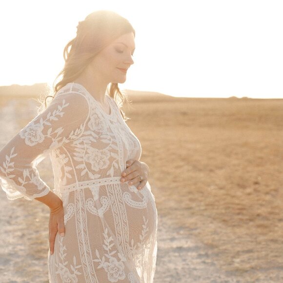 Long Sleeve White Lace Floral Maternity Maxi Photoshoot Dress w/ Tan Slip Dress - Picture 1 of 6